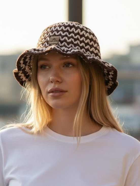 Accessories - Brown & White Wavy Knit Bucket Hat NEW!